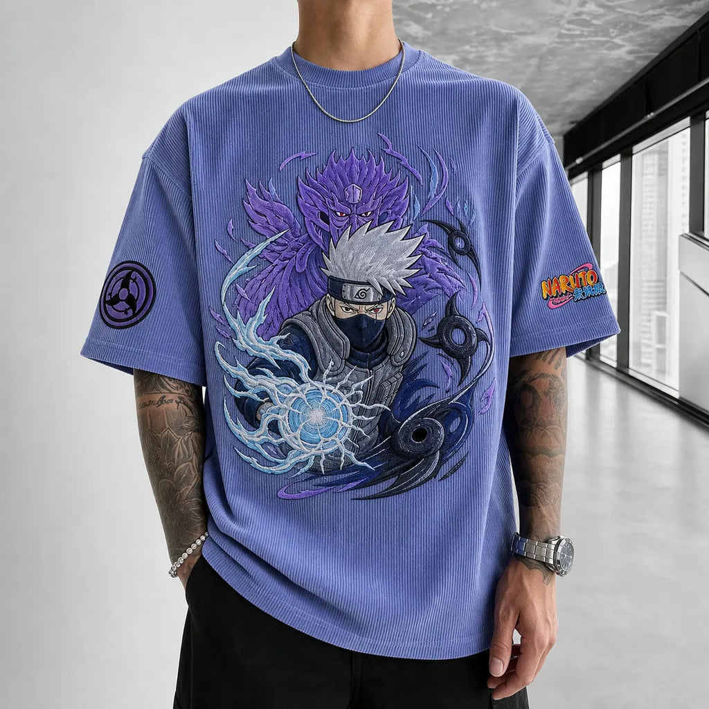 Naruto Unisex Oversized Anime-Print Vertical-Stripe Short-Sleeve T-Shirt