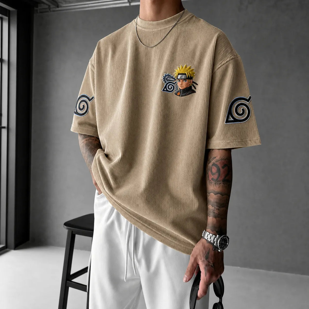 Naruto Unisex Oversized Anime-Print Vertical-Stripe Short-Sleeve T-Shirt