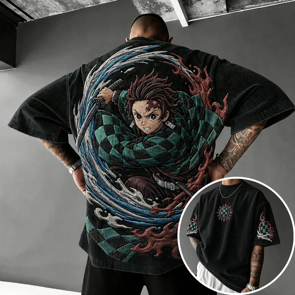 Demon Slayer Unisex Anime-Style Retro Corduroy Oversized T-Shirt