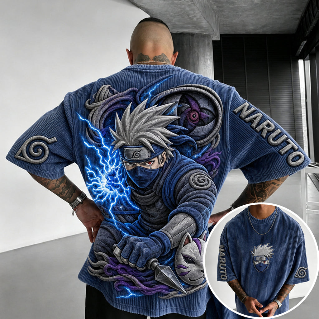 Naruto Unisex Anime-Style Retro Corduroy Oversized T-Shirt
