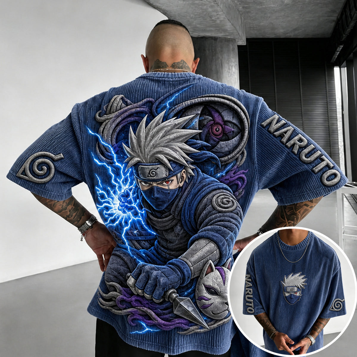Naruto Unisex Anime-Style Retro Corduroy Oversized T-Shirt