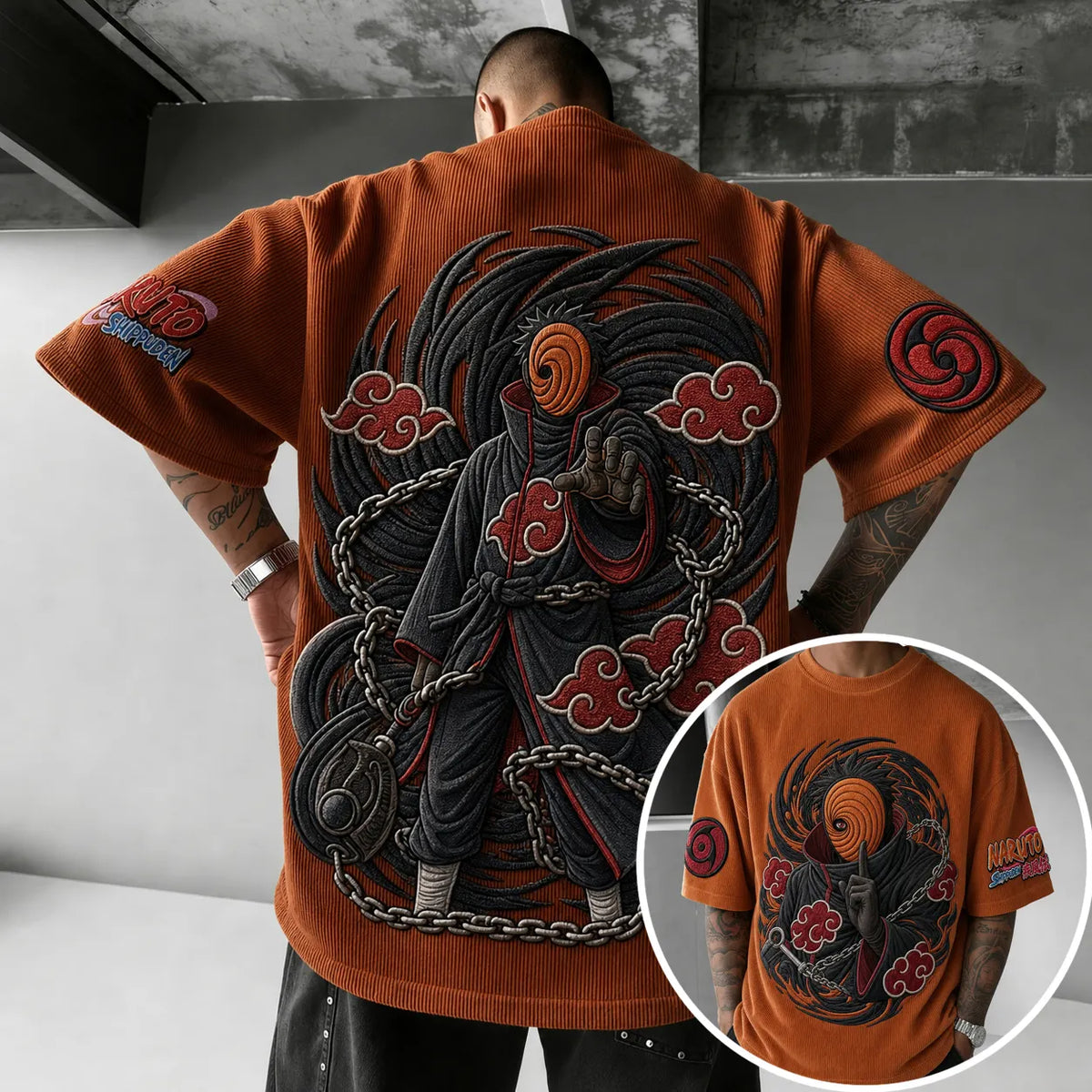Naruto Unisex Oversized Anime-Print Vertical-Stripe Short-Sleeve T-Shirt