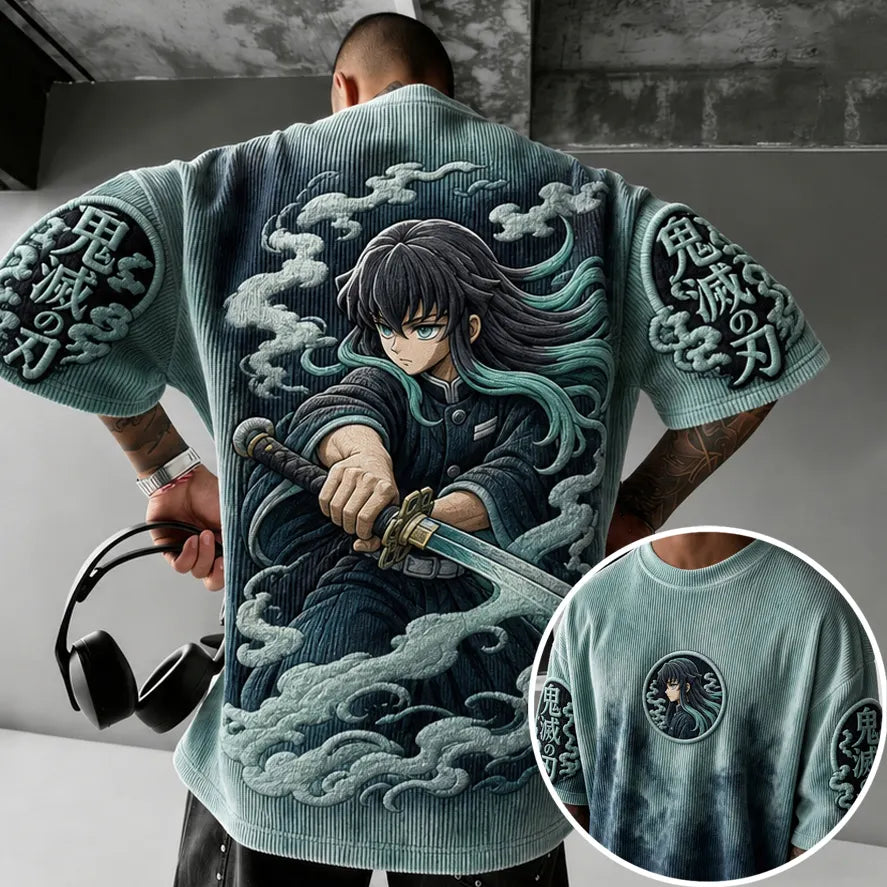 Demon Slayer Unisex Oversized Anime-Print Vertical-Stripe Short-Sleeve T-Shirt