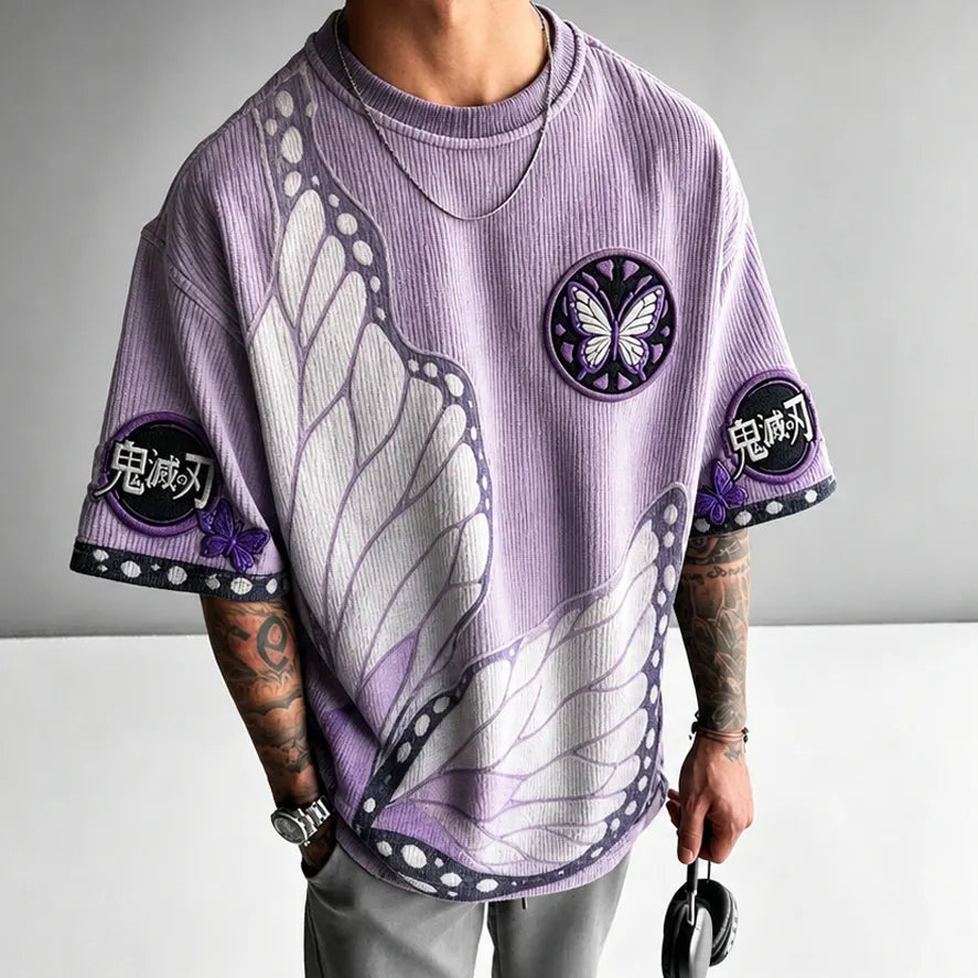 Demon Slayer Unisex Oversized Anime-Print Vertical-Stripe Short-Sleeve T-Shirt