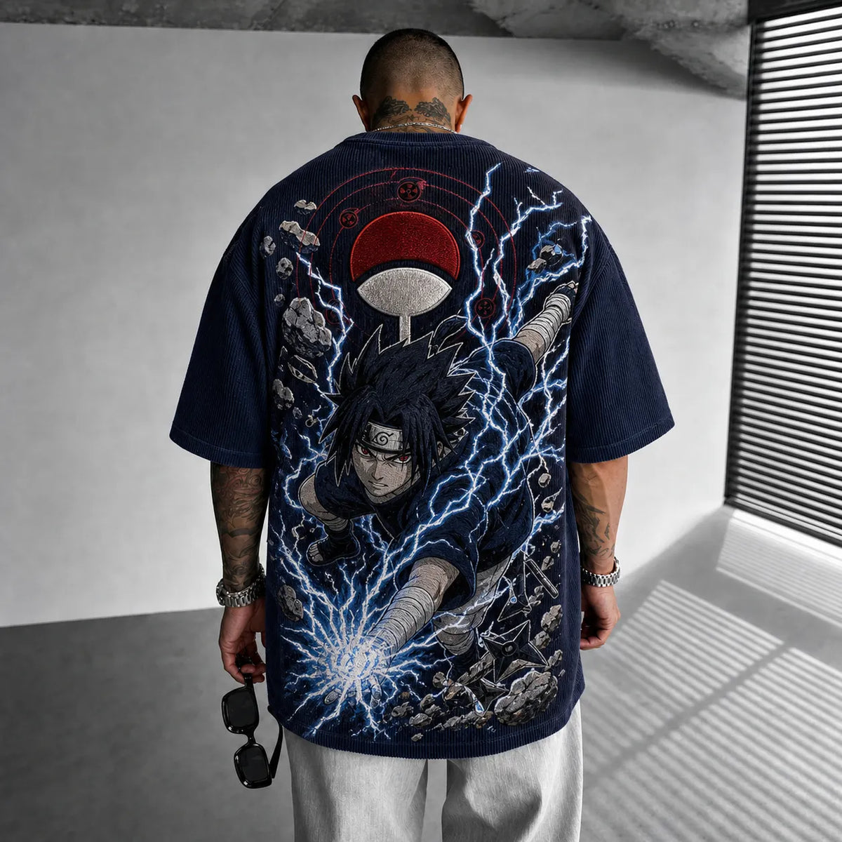 Naruto Unisex Oversized Anime-Print Vertical-Stripe Short-Sleeve T-Shirt