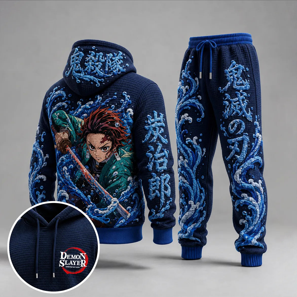 Demon Slayer Vintage Anime Print Long Sleeve Drawstring Tracksuit Hoodie Set