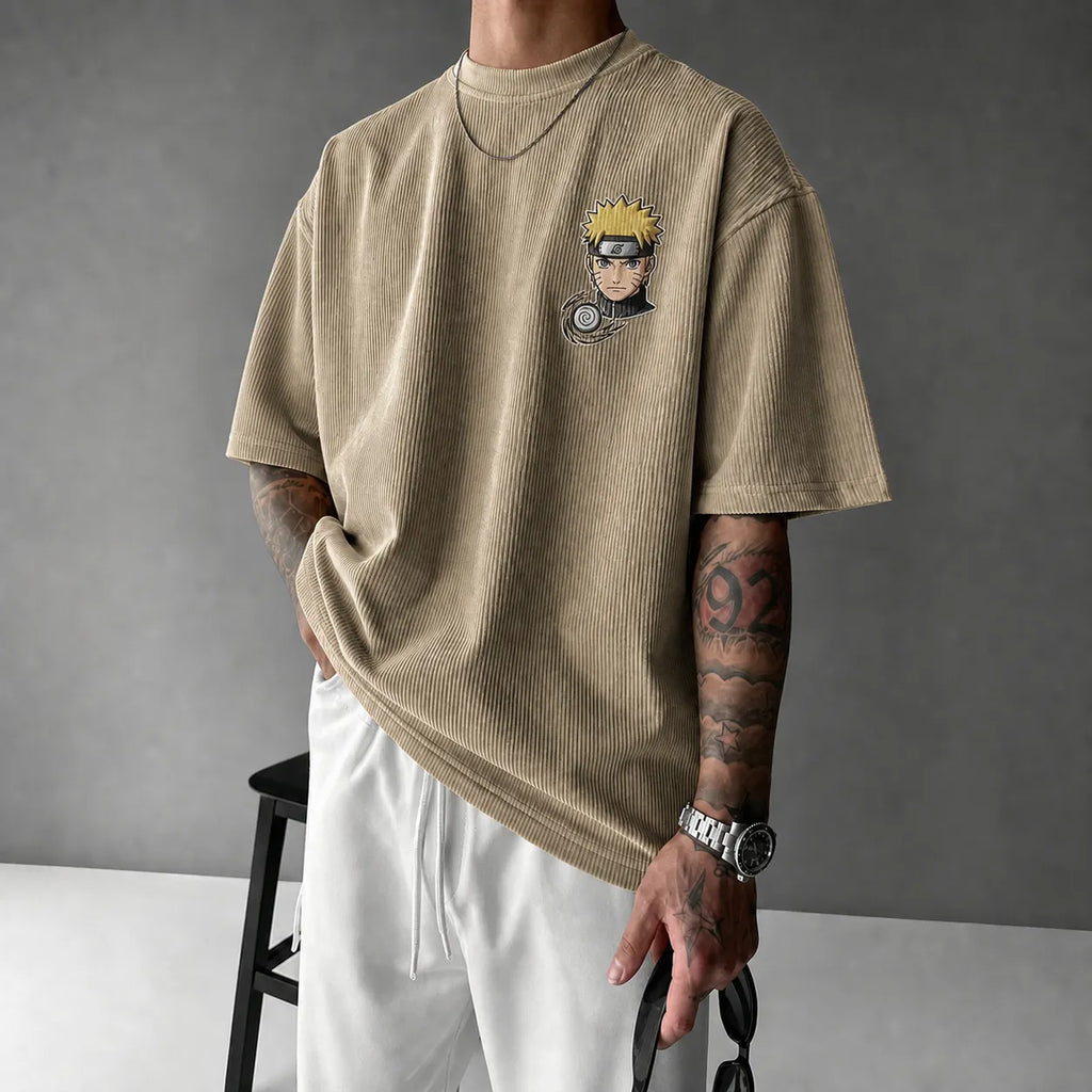 Naruto Unisex Oversized Anime-Print Vertical-Stripe Short-Sleeve T-Shirt