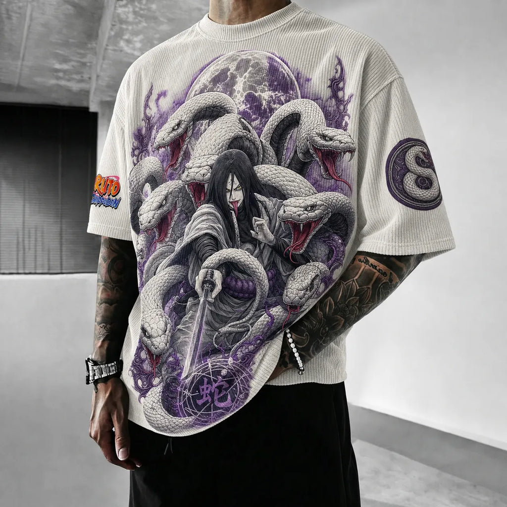 Naruto Unisex Oversized Anime-Print Vertical-Stripe Short-Sleeve T-Shirt
