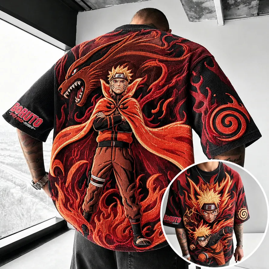 Naruto Unisex Oversized Anime-Print Vertical-Stripe Short-Sleeve T-Shirt