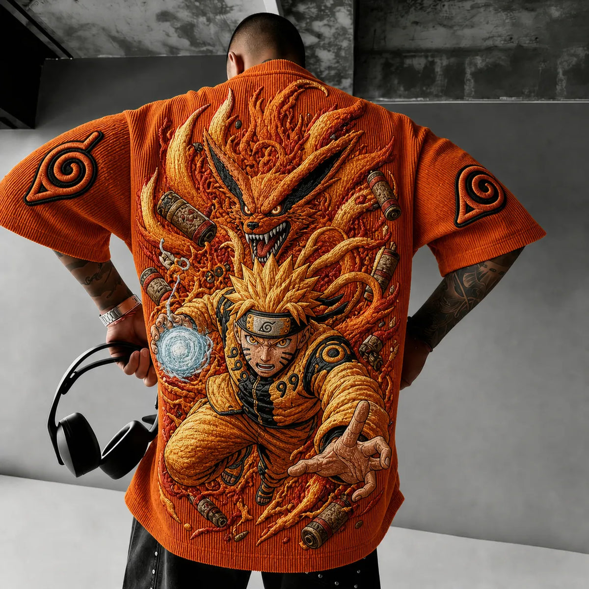Naruto Unisex Oversized Anime-Print Vertical-Stripe Short-Sleeve T-Shirt