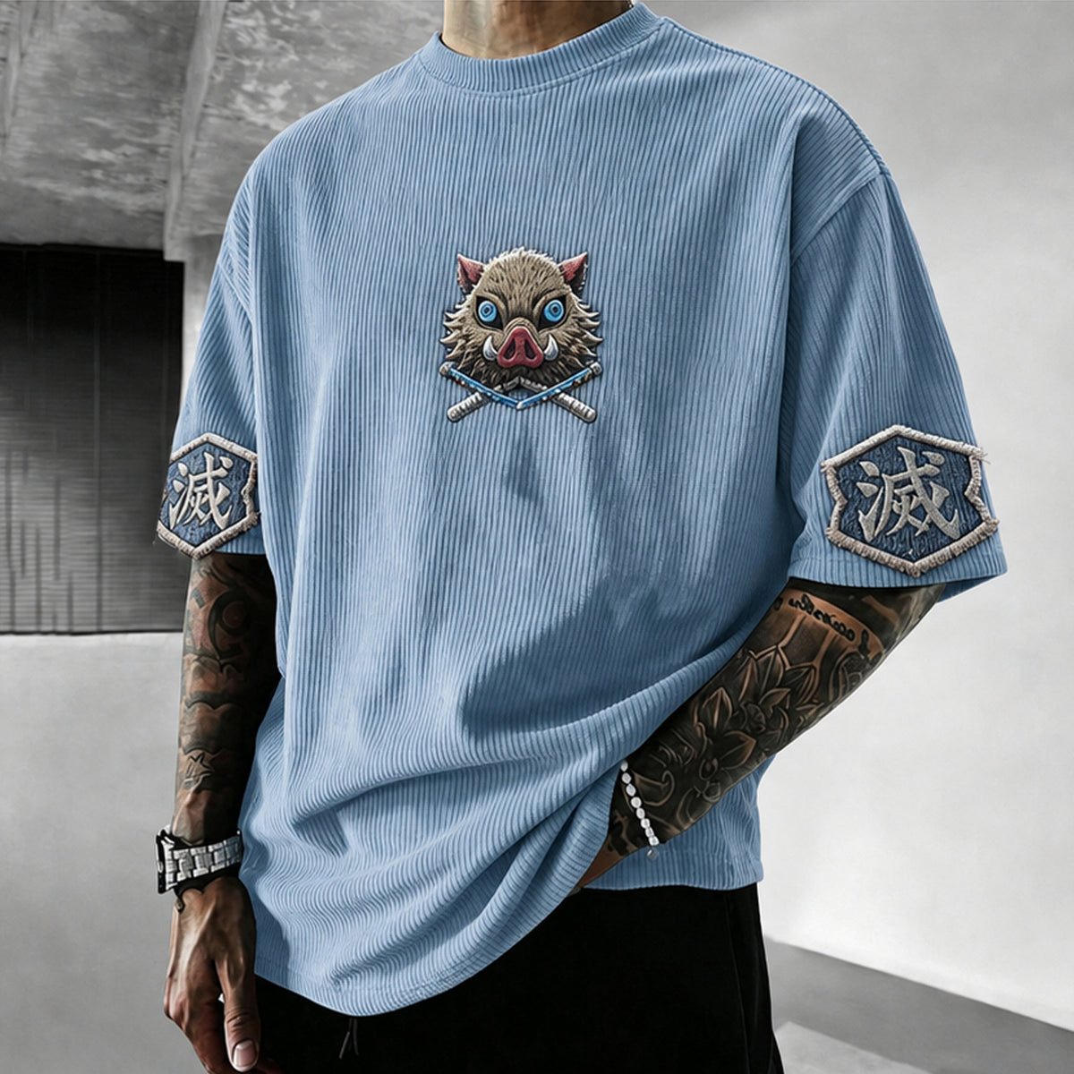 Demon Slayer Unisex Anime-Style Retro Corduroy Oversized T-Shirt