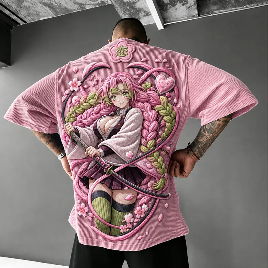 Demon Slayer Unisex Anime-Style Retro Corduroy Oversized T-Shirt