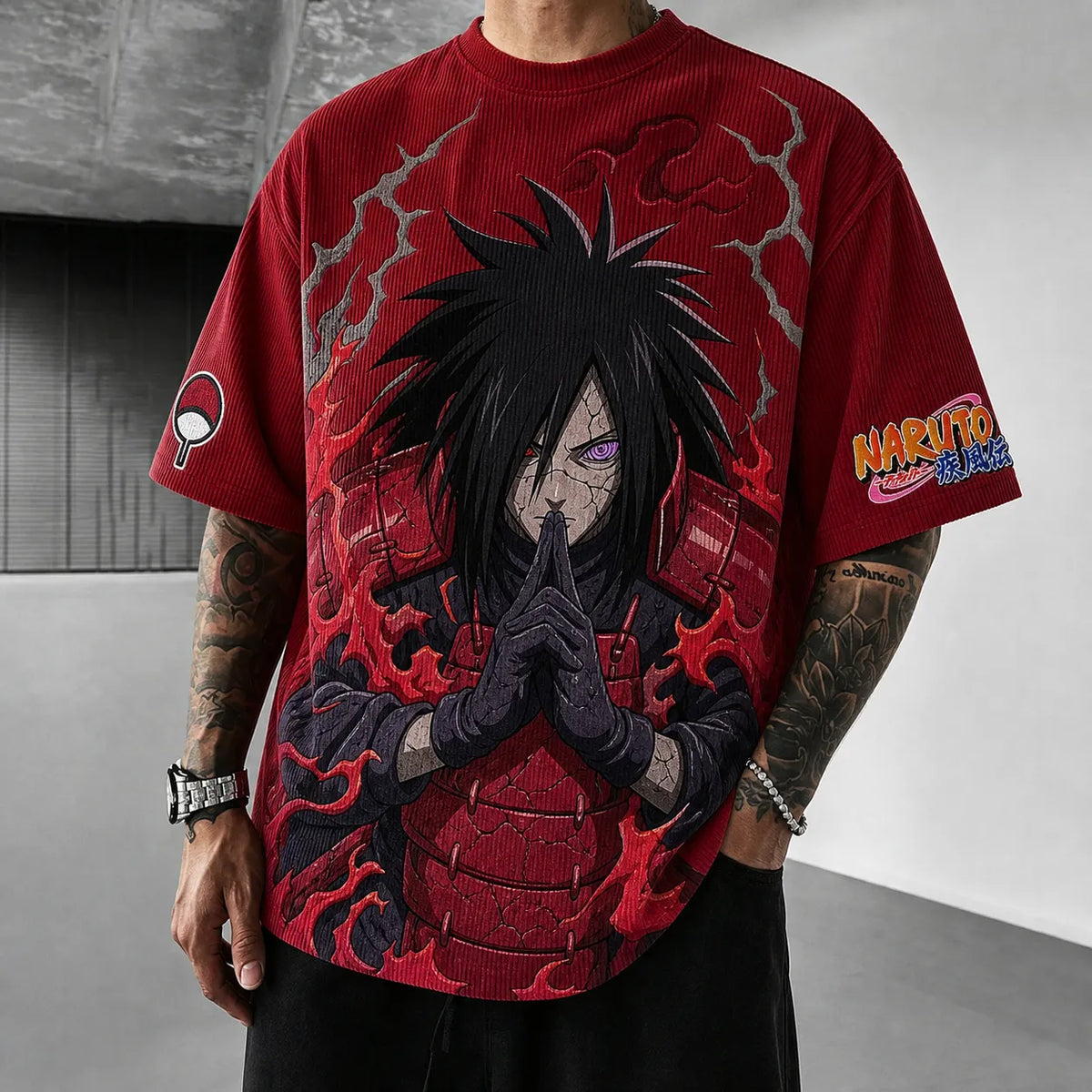 Naruto Unisex Oversized Anime-Print Vertical-Stripe Short-Sleeve T-Shirt