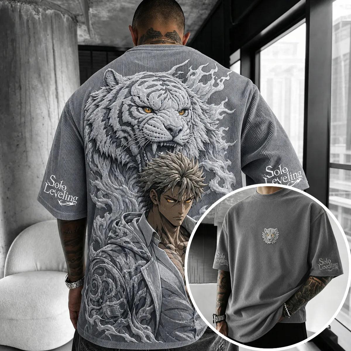 Solo Leveling Unisex Oversized Anime-Print Vertical-Stripe Short-Sleeve T-Shirt