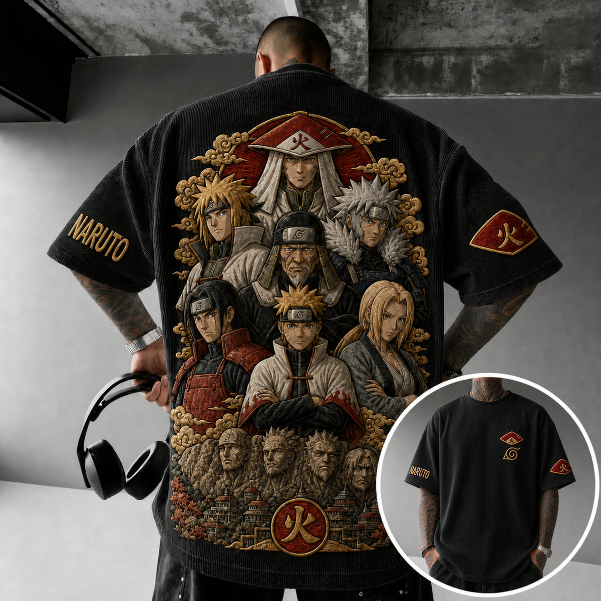 Naruto Unisex Anime-Style Retro Corduroy Oversized T-Shirt