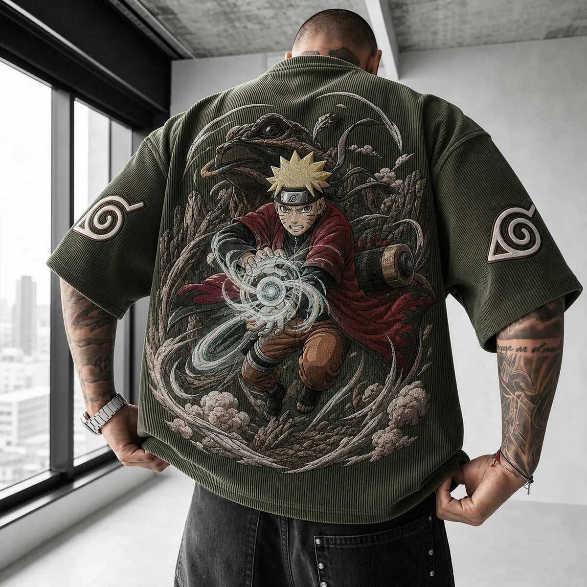 Naruto Unisex Oversized Anime-Print Vertical-Stripe Short-Sleeve T-Shirt