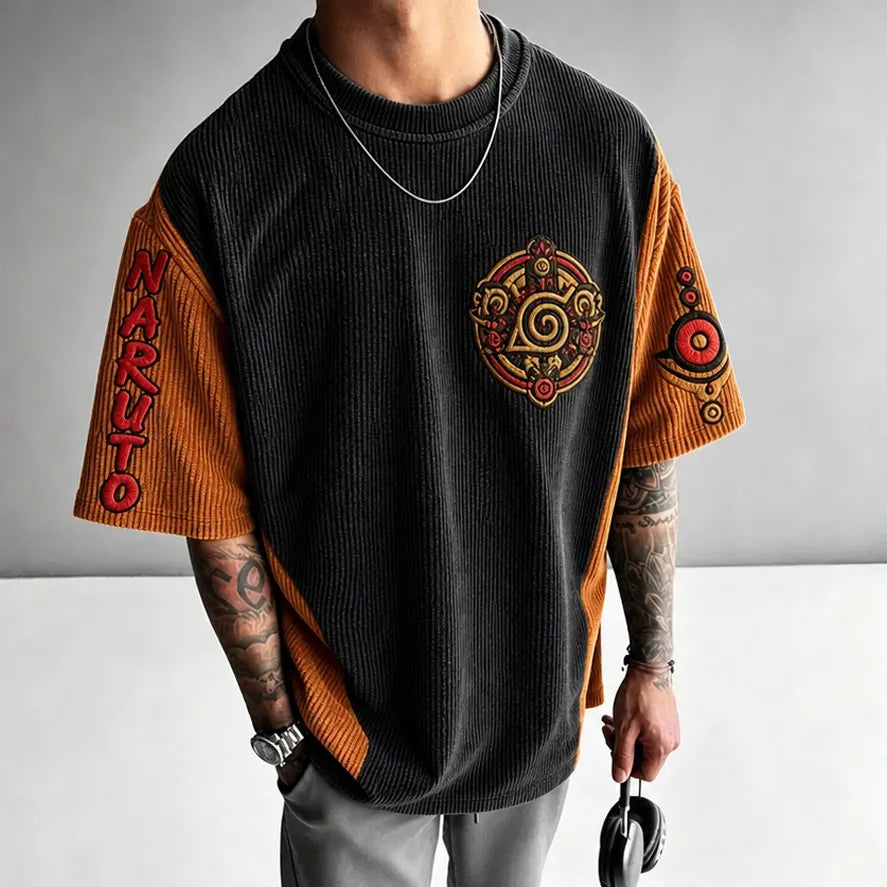 Naruto Unisex Oversized Anime-Print Vertical-Stripe Short-Sleeve T-Shirt