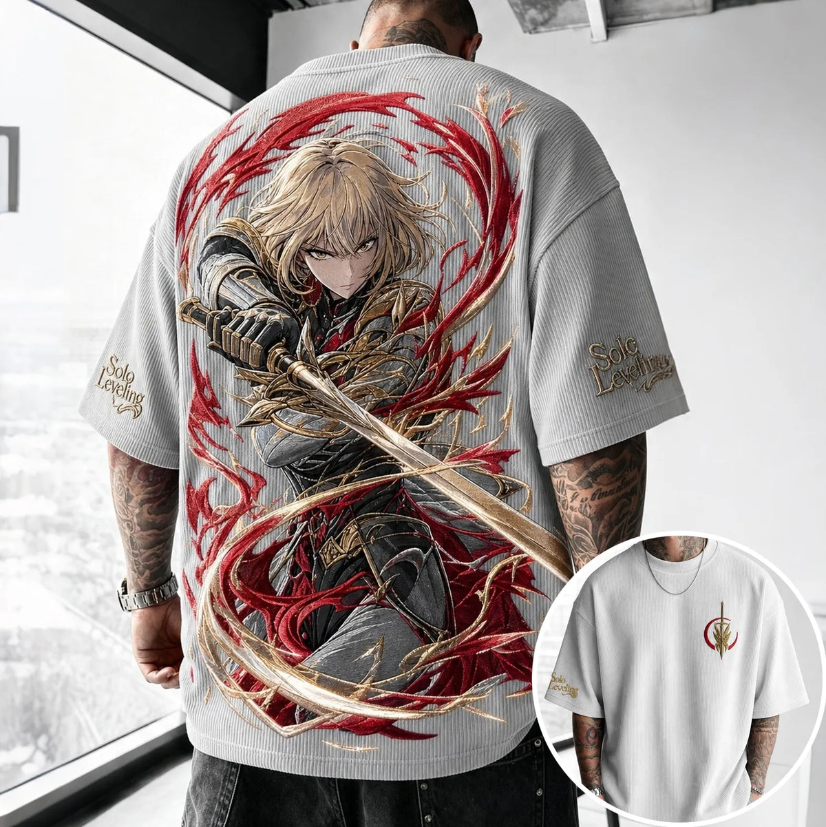 Solo Leveling Unisex Oversized Anime-Print Vertical-Stripe Short-Sleeve T-Shirt