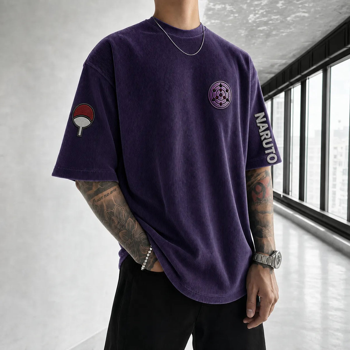 Naruto Unisex Anime-Style Retro Corduroy Oversized T-Shirt