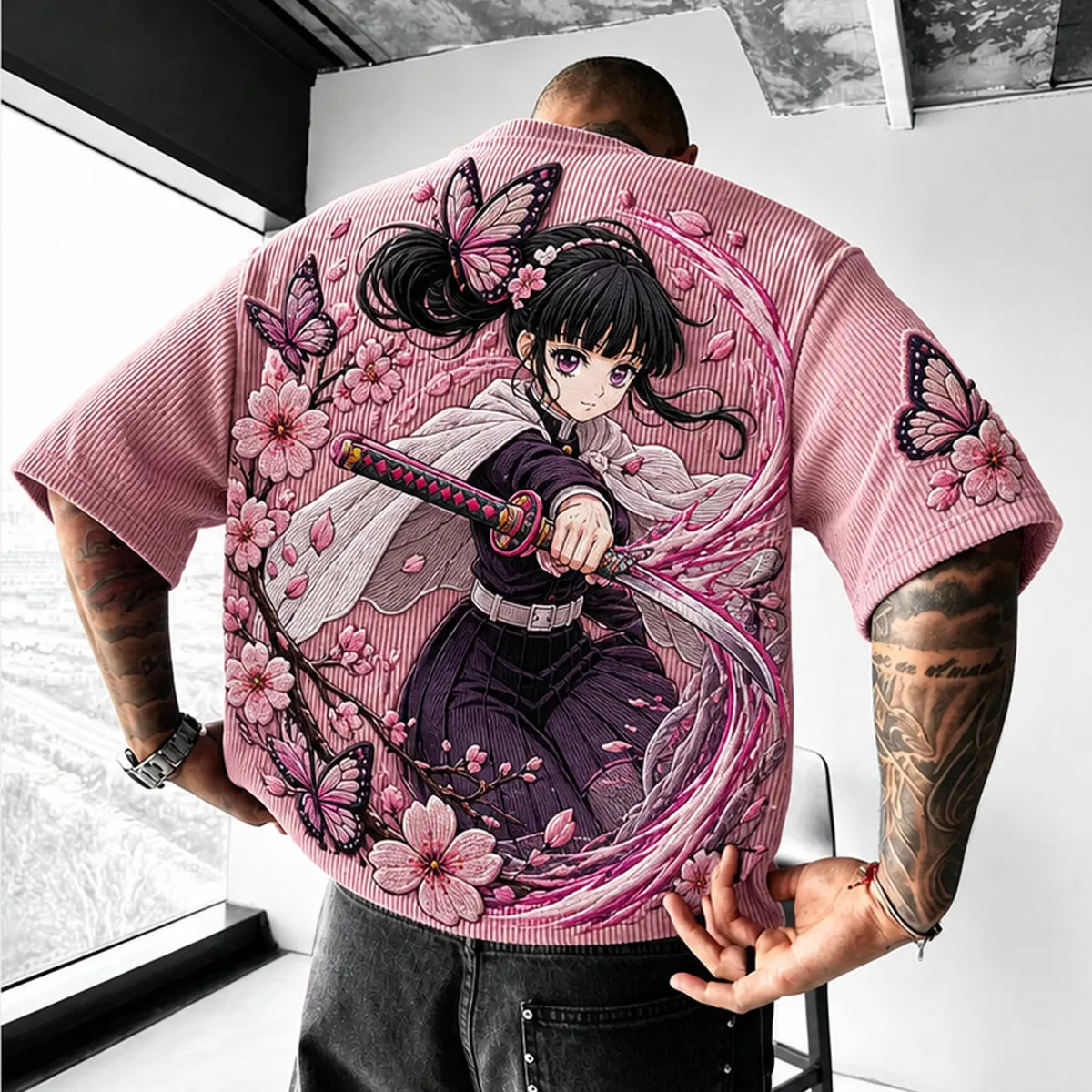 Demon Slayer Unisex Anime-Style Retro Corduroy Oversized T-Shirt