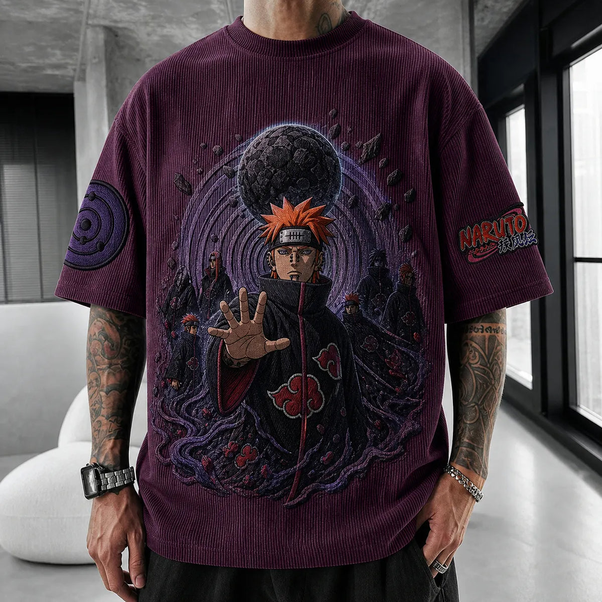 Naruto Unisex Oversized Anime-Print Vertical-Stripe Short-Sleeve T-Shirt