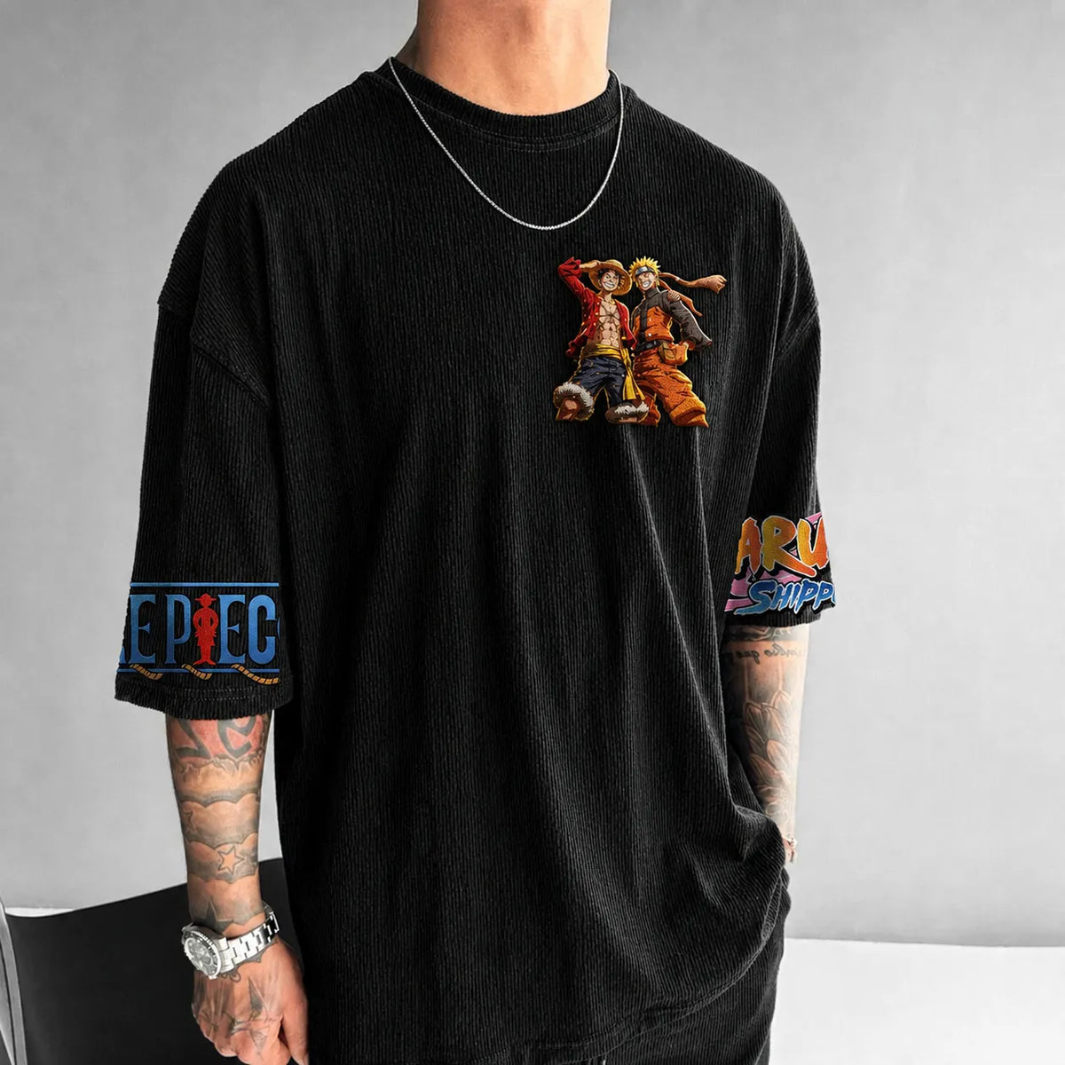 Naruto Unisex Oversized Anime-Print Vertical-Stripe Short-Sleeve T-Shirt