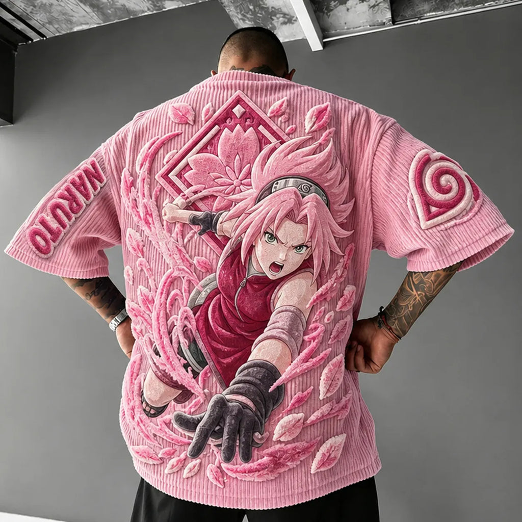 Naruto Unisex Anime-Style Retro Corduroy Oversized T-Shirt