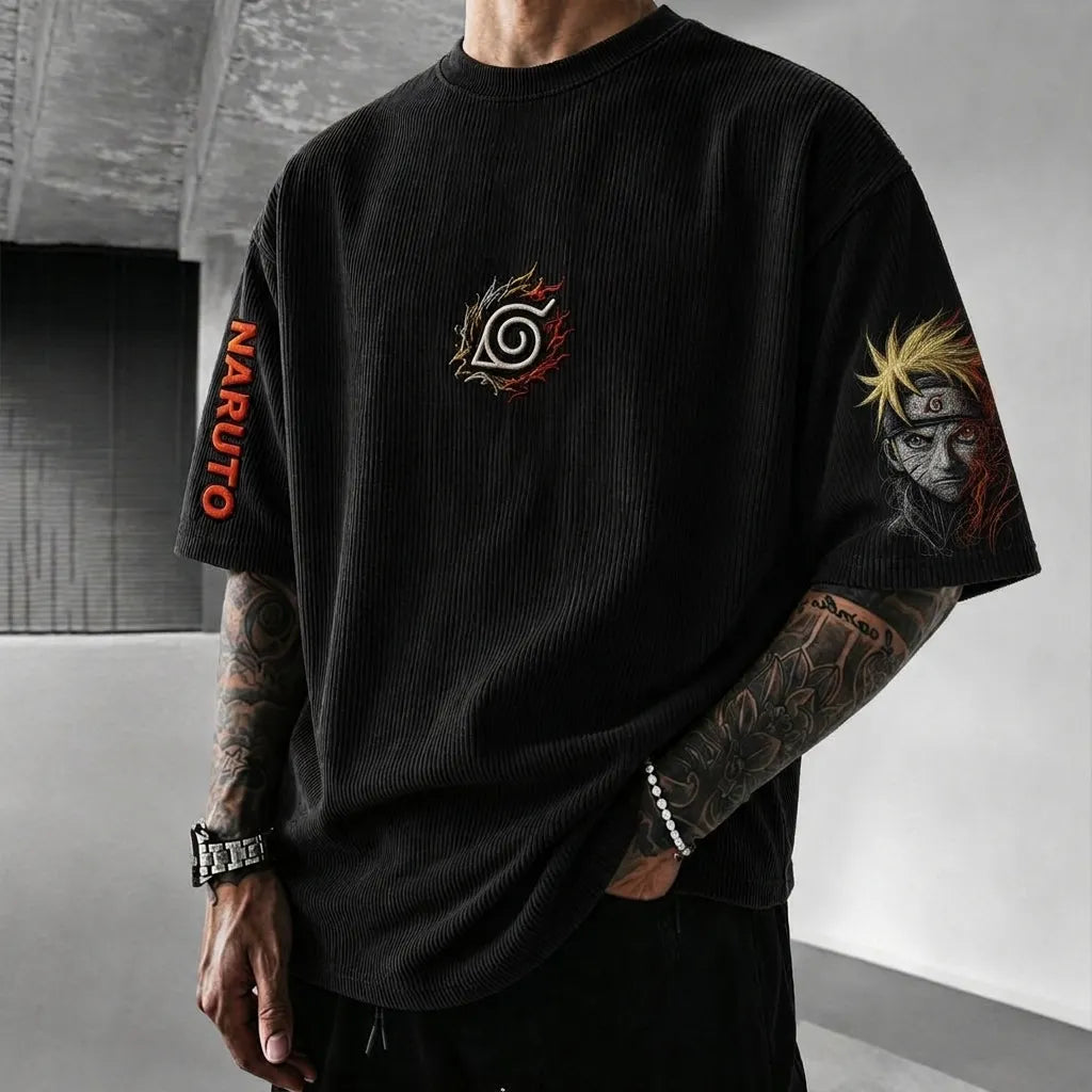 Naruto Unisex Anime-Style Retro Corduroy Oversized T-Shirt