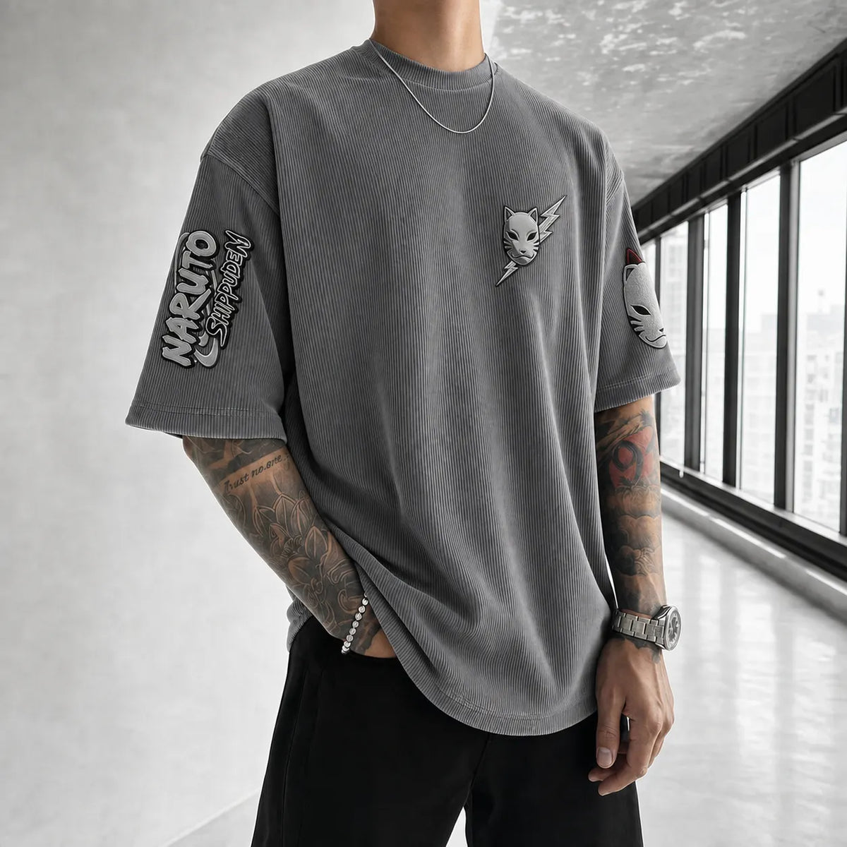 Naruto Unisex Anime-Style Retro Corduroy Oversized T-Shirt
