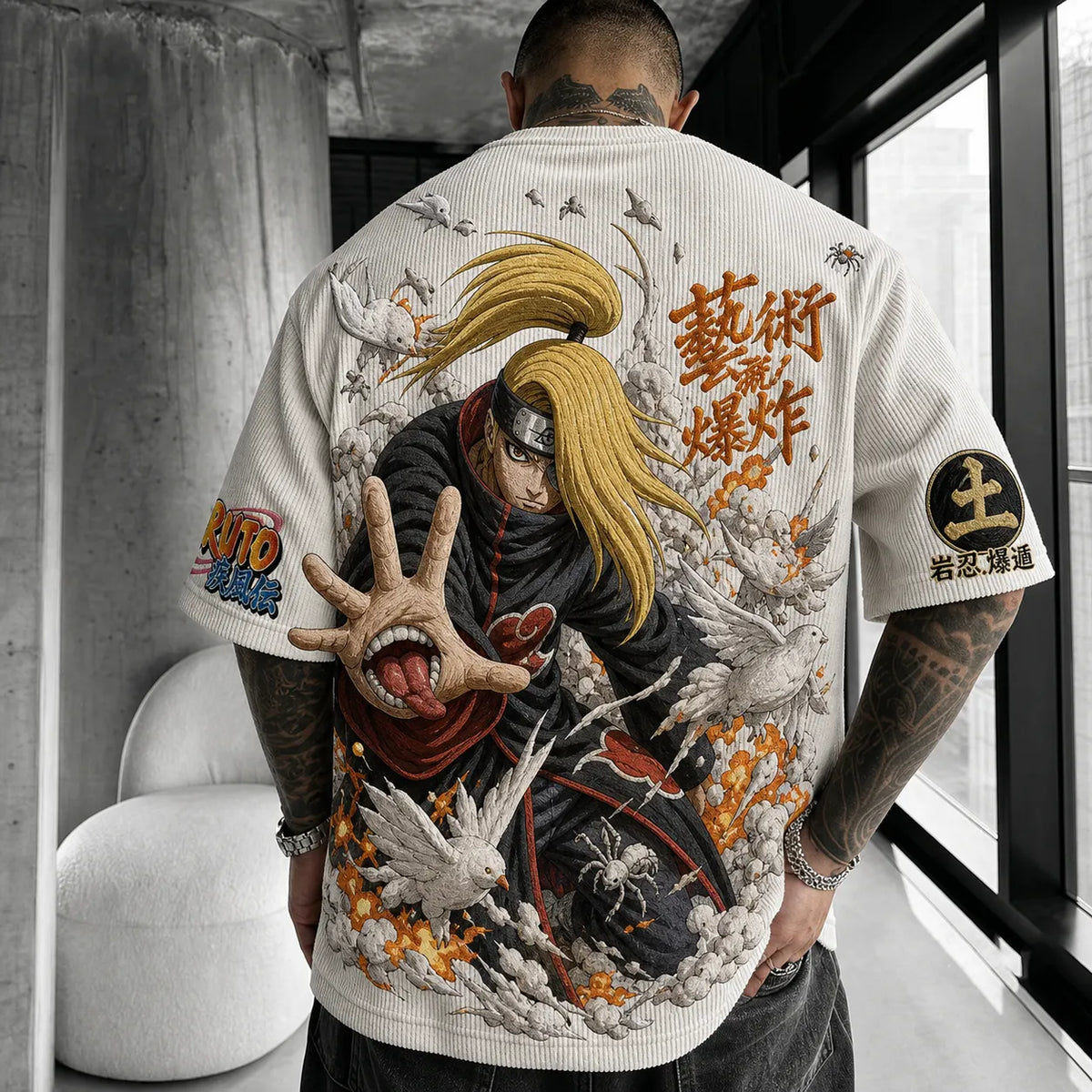 Naruto Unisex Oversized Anime-Print Vertical-Stripe Short-Sleeve T-Shirt