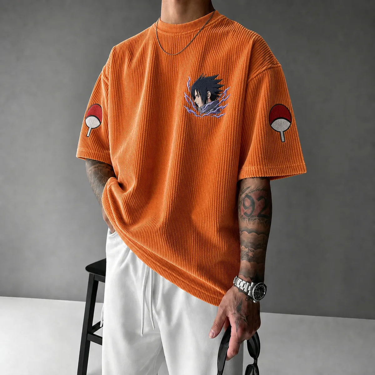 Naruto Unisex Oversized Anime-Print Vertical-Stripe Short-Sleeve T-Shirt