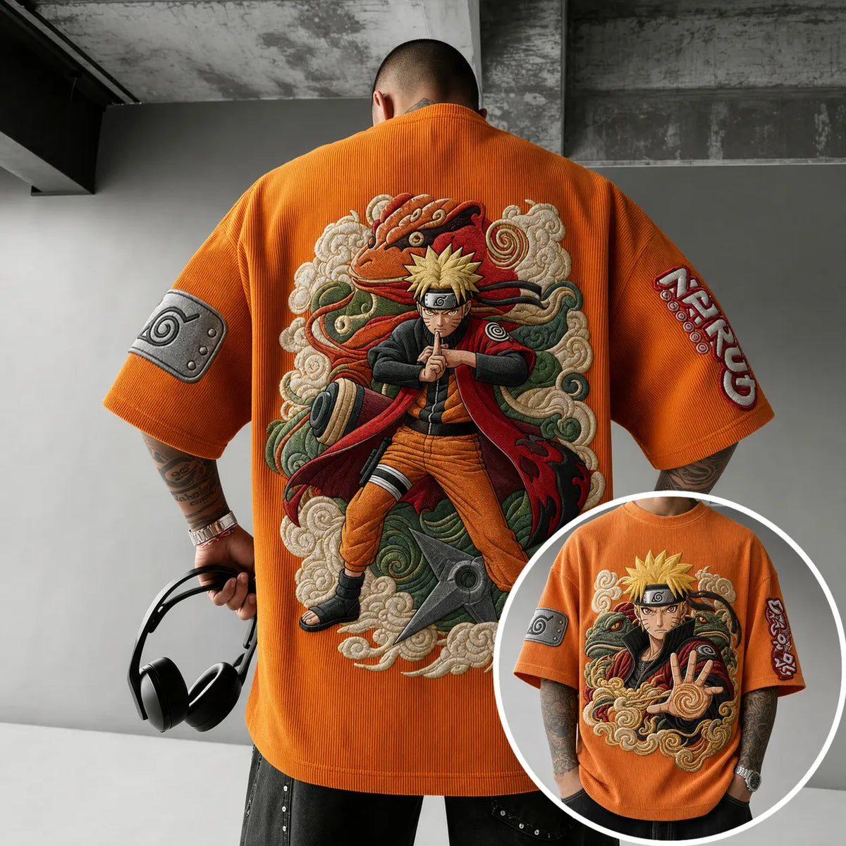 Naruto Unisex Oversized Anime-Print Vertical-Stripe Short-Sleeve T-Shirt