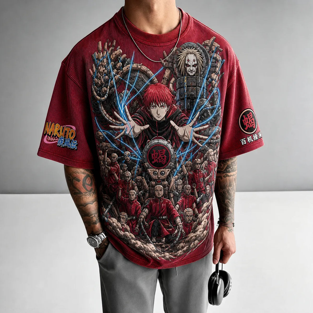 Naruto Unisex Oversized Anime-Print Vertical-Stripe Short-Sleeve T-Shirt
