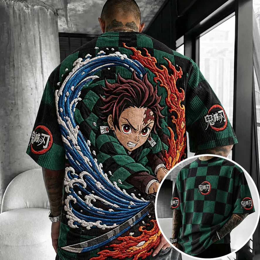 Demon Slayer Unisex Oversized Anime-Print Vertical-Stripe Short-Sleeve T-Shirt