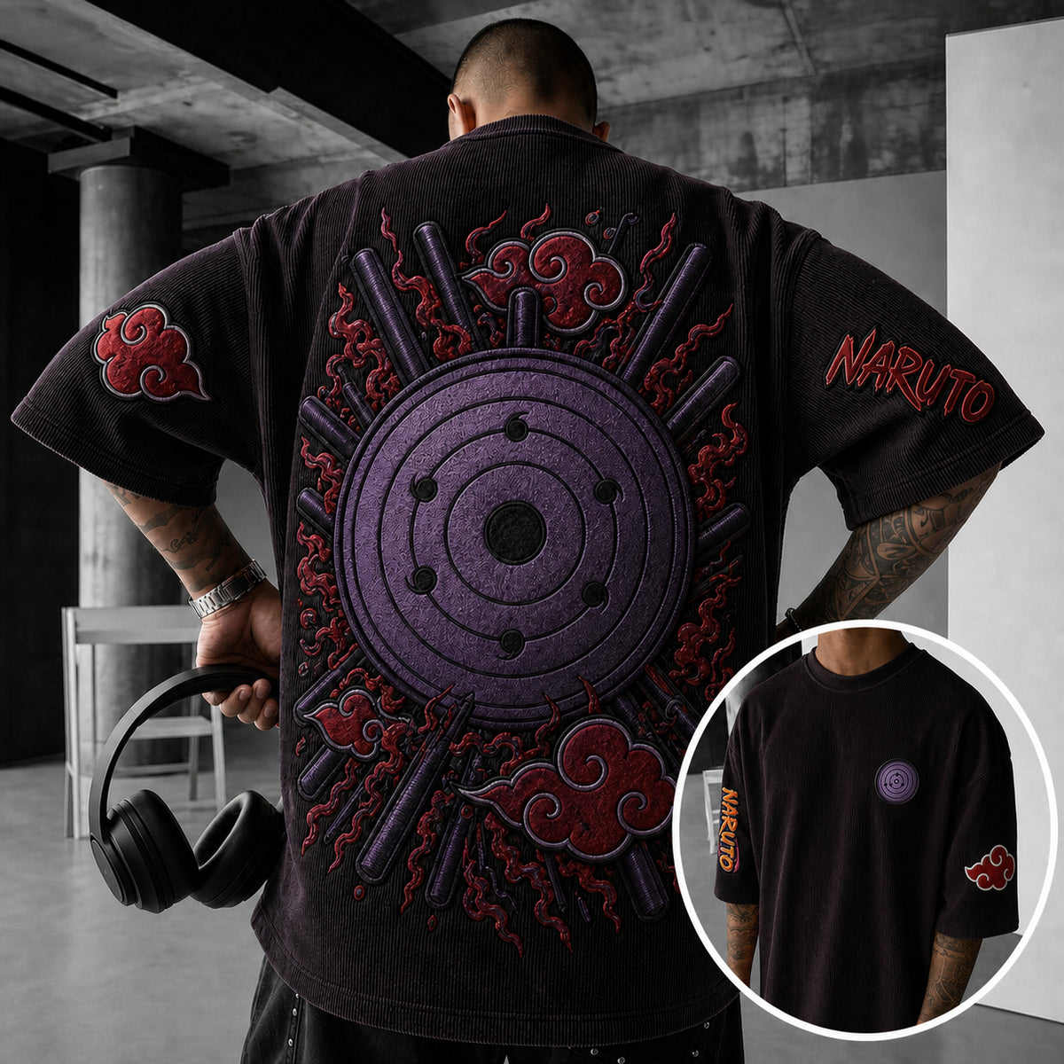 Naruto Unisex Anime-Style Retro Corduroy Oversized T-Shirt