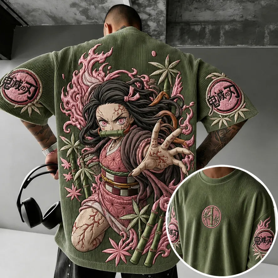 Demon Slayer Unisex Oversized Anime-Print Vertical-Stripe Short-Sleeve T-Shirt