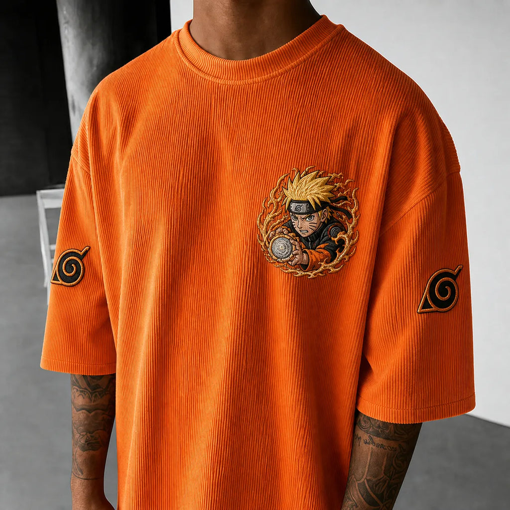 Naruto Unisex Oversized Anime-Print Vertical-Stripe Short-Sleeve T-Shirt