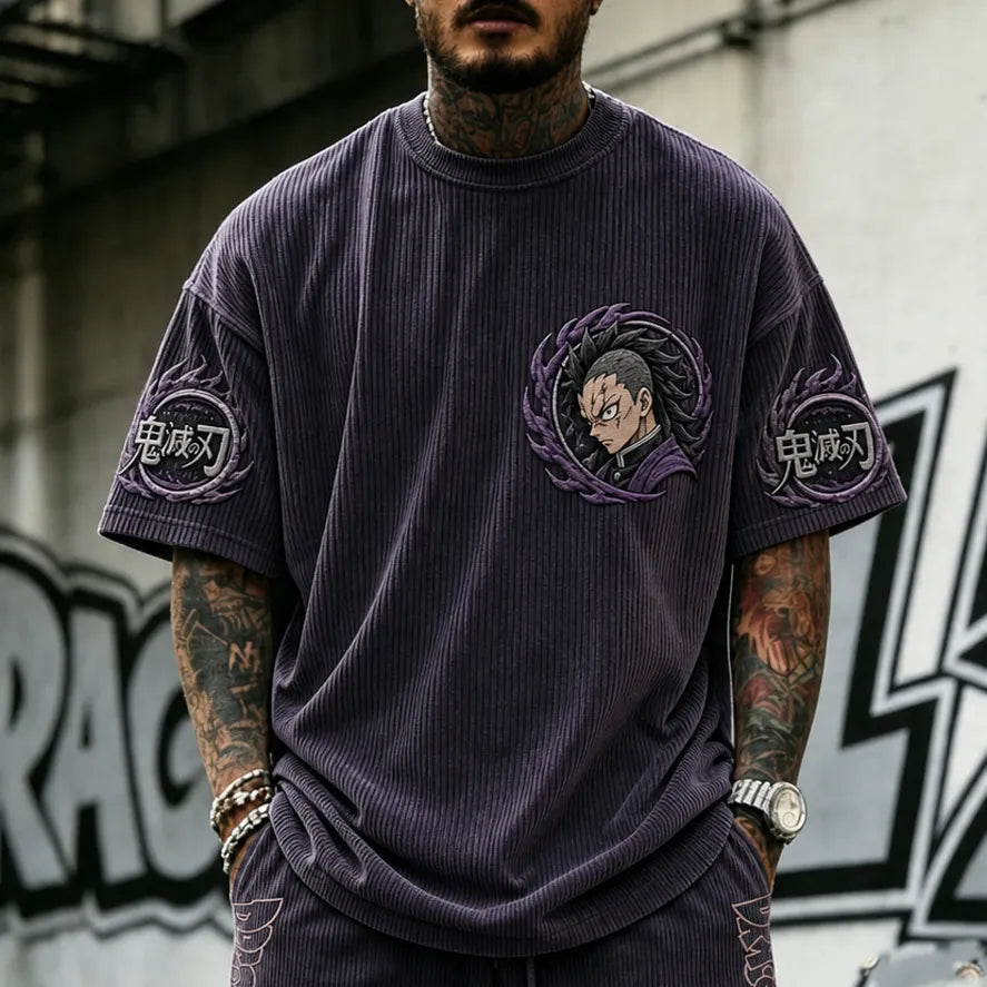 Demon Slayer Unisex Oversized Anime-Print Vertical-Stripe Short-Sleeve T-Shirt