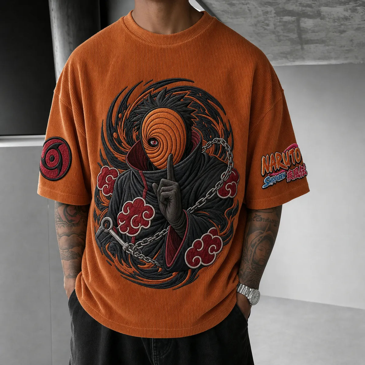 Naruto Unisex Oversized Anime-Print Vertical-Stripe Short-Sleeve T-Shirt
