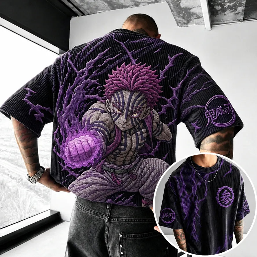 Demon Slayer Unisex Oversized Anime-Print Vertical-Stripe Short-Sleeve T-Shirt
