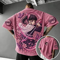 Demon Slayer Unisex Oversized Anime-Print Vertical-Stripe Short-Sleeve T-Shirt