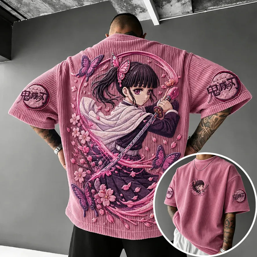 Demon Slayer Unisex Oversized Anime-Print Vertical-Stripe Short-Sleeve T-Shirt