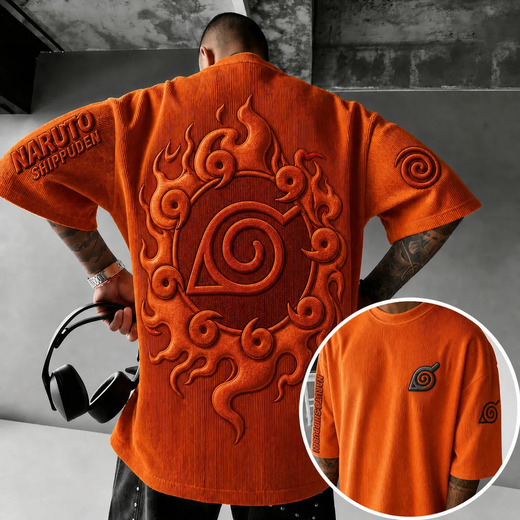 Naruto Unisex Anime-Style Retro Corduroy Oversized T-Shirt