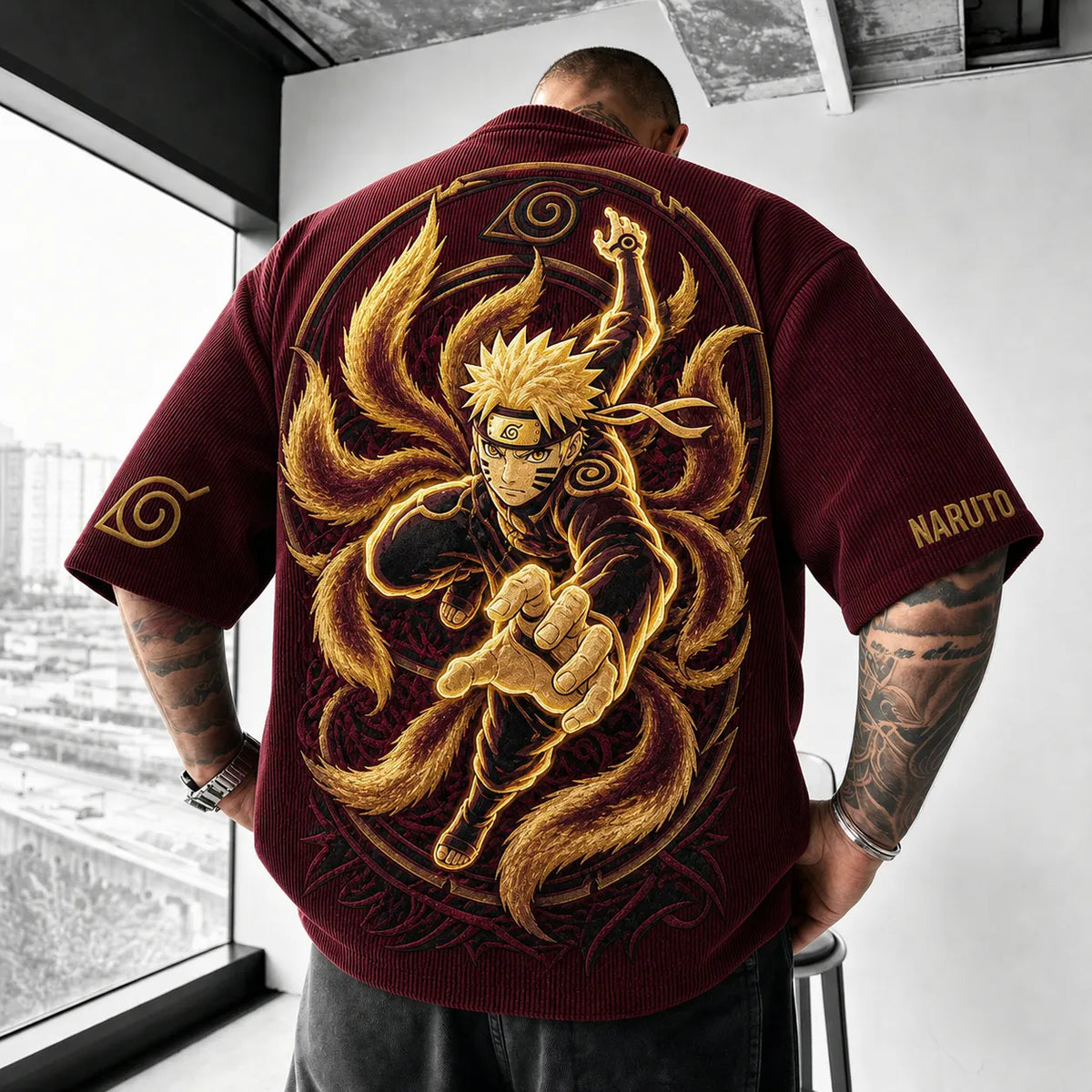 Naruto Unisex Anime-Style Retro Corduroy Oversized T-Shirt