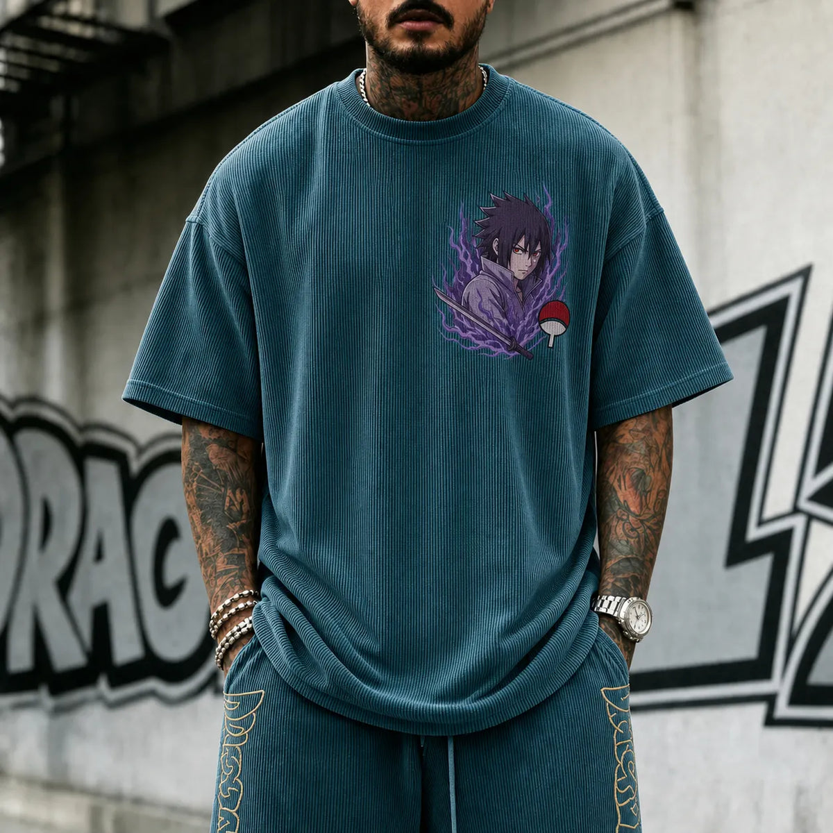 Naruto Unisex Oversized Anime-Print Vertical-Stripe Short-Sleeve T-Shirt