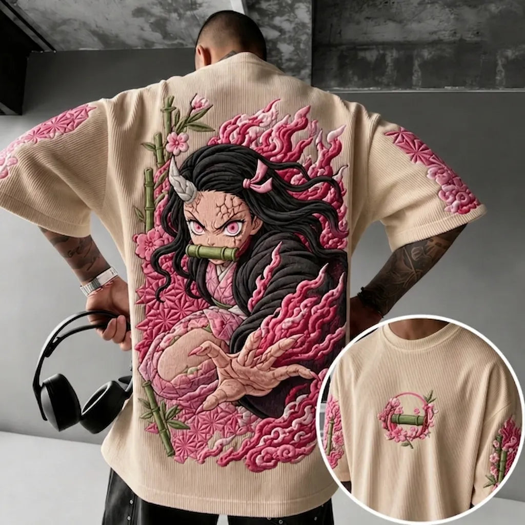 Demon Slayer Unisex Anime-Style Retro Corduroy Oversized T-Shirt