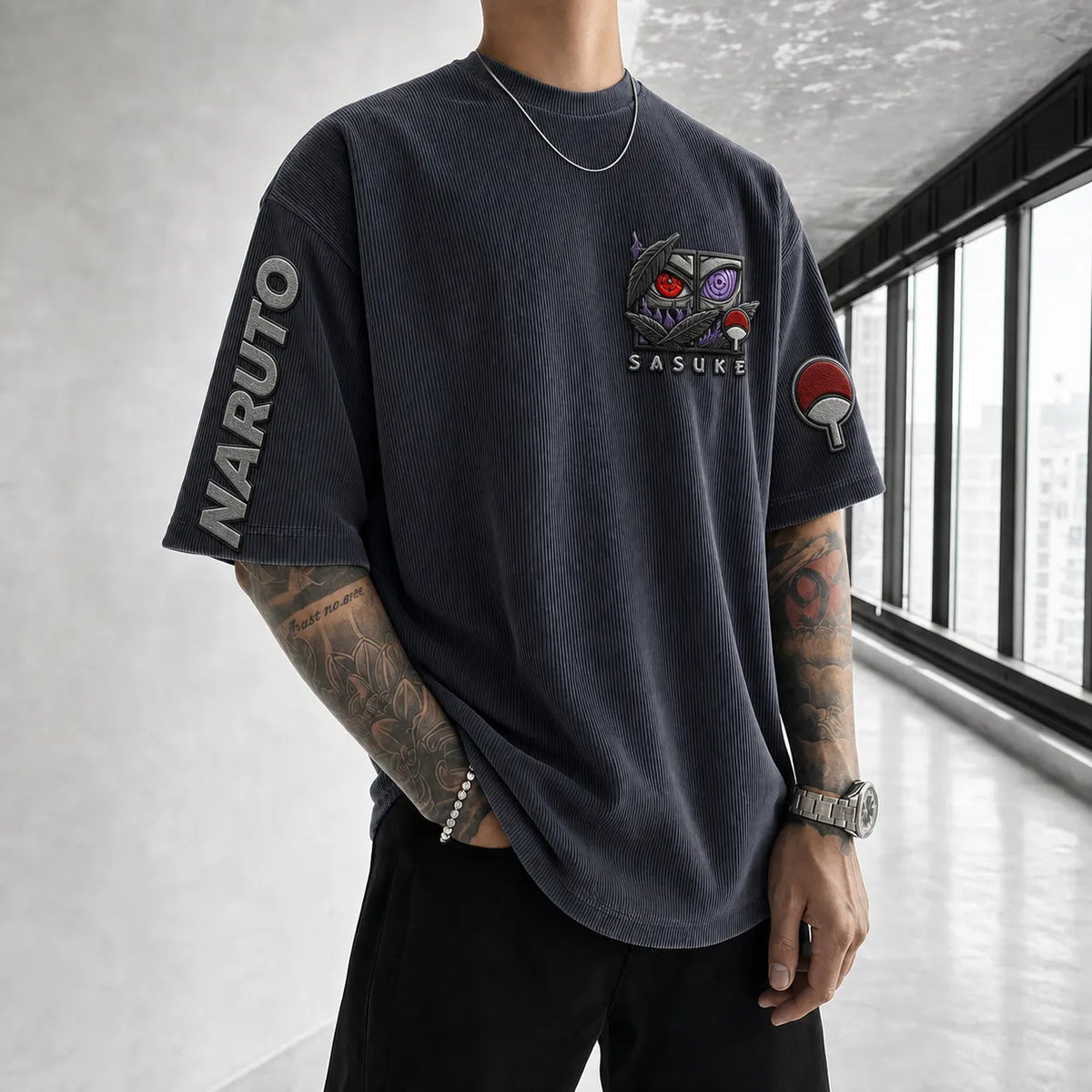 Naruto Unisex Anime-Style Retro Corduroy Oversized T-Shirt