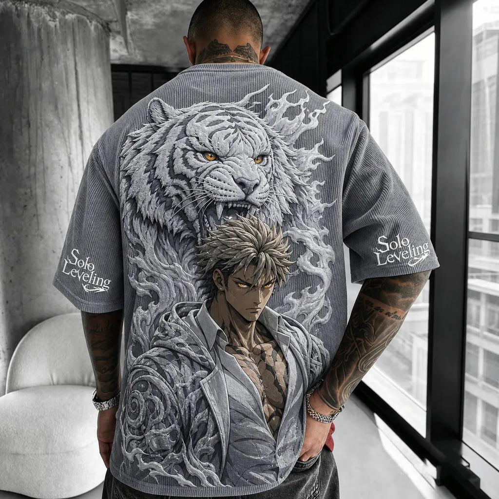 Solo Leveling Unisex Oversized Anime-Print Vertical-Stripe Short-Sleeve T-Shirt