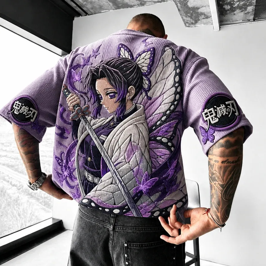 Demon Slayer Unisex Oversized Anime-Print Vertical-Stripe Short-Sleeve T-Shirt