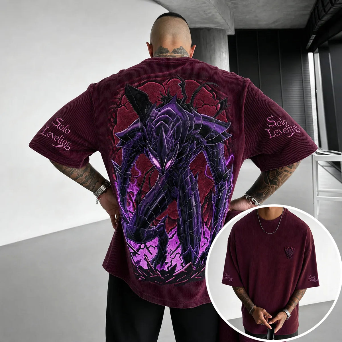 Solo Leveling Unisex Oversized Anime-Print Vertical-Stripe Short-Sleeve T-Shirt